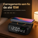 Despertador Digital com Carregador Sem Fio 15W Relógio com Temperatura Alarme Duplo e USB Preto