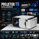 Projetor T6 Mini com Android 13, Wi-Fi 2.4G/5G, resolução nativa HD e suporte a conteúdos de até 4K.