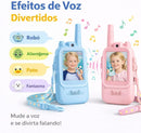 Walkie-talkie infantil com videochamada, tela de 2", bateria recarregável e alcance de até 300 metros em áreas abertas.