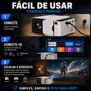 Projetor T6 Mini com Android 13, Wi-Fi 2.4G/5G, resolução nativa HD e suporte a conteúdos de até 4K.