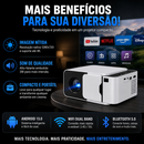 Projetor T6 Mini com Android 13, Wi-Fi 2.4G/5G, resolução nativa HD e suporte a conteúdos de até 4K.