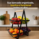 Fruteira 2 Andares de Mesa em Metal e Madeira Organizador Moderno para Cozinha