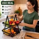 Fruteira 2 Andares de Mesa em Metal e Madeira Organizador Moderno para Cozinha