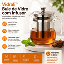 Bule de Vidro com Infusor Inox  Vidrali™ 700ml Chaleira para Chá Ervas Café Mesa Posta Resistente Fácil Limpar Uso Diári