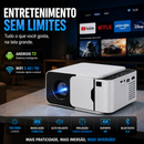 Projetor T6 Mini com Android 13, Wi-Fi 2.4G/5G, resolução nativa HD e suporte a conteúdos de até 4K.
